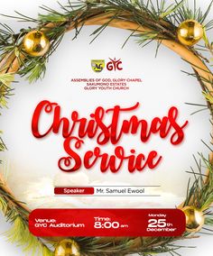 christmas service flyer with wreath and bells