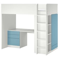 a white and blue loft bed next to a desk with shelves on both sides, against a white background