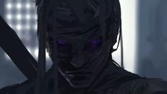 an evil looking man with purple eyes and black hair