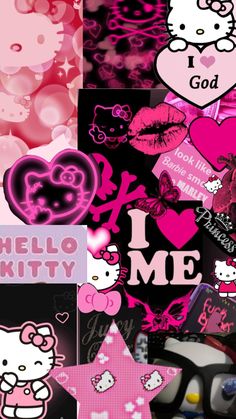 a collage of hello kitty wallpapers in pink and black colors with hearts