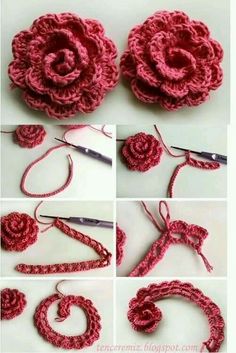 crochet flowers are being made with yarn