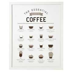 the essential guide to coffee poster on a white background with black and brown lettering that says,