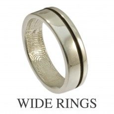 a fingerprint wedding ring is shown with the words wide rings written in white gold