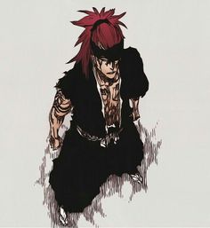 a drawing of a man with red hair and piercings on his head, crouching down