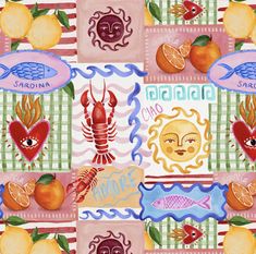 an image of a colorful wallpaper with food and symbols on it's surface