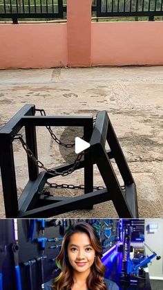 a woman standing in front of a metal structure and another photo of the same object