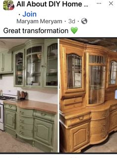 two pictures of green cabinets in the same room