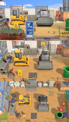 Animal Crossing Construction Ideas, Acnh Construction Site Ideas, Animal Crossing Construction Site, Acnh Factory, Acnh Construction Site, Acnh Construction, Acnh Trashcore, Acnh Citycore, Horizon City