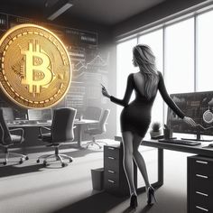 a woman standing in front of a computer desk with a bitcoin on it