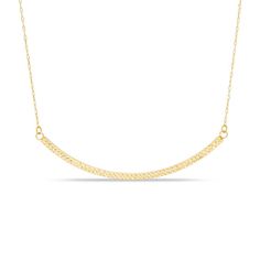 Raise the fashion bar with this eye-catching necklace. Expertly crafted in 14K gold, this slightly curved bar-shaped design featured diamond-cut detailing to catch and reflect light. A look she's certain to adore, this bar polished to a bright shine and centered along lengths of sleek cable chain. The 17.0-inch necklace secures with a spring-ring clasp. Necklaces Diamond, Curved Bar, Diamond Necklaces, Gold Necklaces, Gold Chain Necklace, Delicate Necklace, Bar Necklace, Diamond Gemstone, Necklace Designs