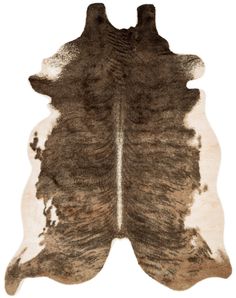 a brown and white cowhide rug on a white background with the bottom part of an animal's tail visible