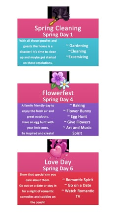 four different types of flowers and the words spring cleaning, flowerfest, love day