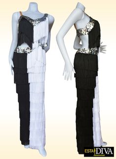 two mannequins dressed in black and white dresses