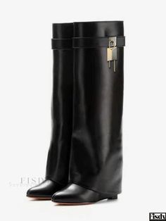 Fisdy - Premium Wide Calf Womens Wedge Boots - Elegante negro, puntera en punta, cierre seguro, doblar sobre la rodilla de alto diseño Womens Wedge Boots, Knee High Wedge Boots, Knit Shirt Dress, Winter Heels, Pu Boots, Knee Length Boots, Bodysuit Blouse, High Wedges, Estilo Chic