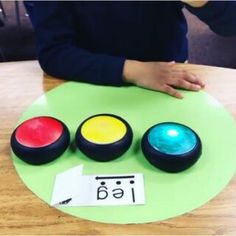 a child's hand is on top of a paper plate with three different colored lights