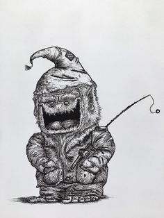 a black and white drawing of a monster holding a fishing rod