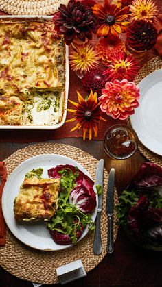 Truffled celeriac and cavolo nero lasagne on a table with flowers Traybake Dinner, Celeriac Recipes, Chicken Paprika, Olive Magazine, Hasselback Chicken, Lasagne Sheets, Lasagne Recipes, Tray Bake Recipes, Dried Mushrooms