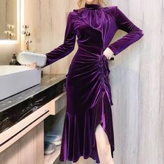 Brand New Excellent Condition More Styles And Sizes Available In My Closet Bundle And Save Pet And Smoke Free Home Purple Velvet Dress, Purple Long Sleeve Dress, Plum Dress, Purple Velvet, Ruched Dress, Velvet Dress, Beautiful Outfits, Dresser, Evening Dresses