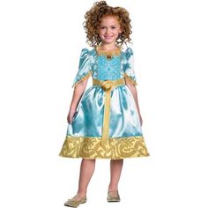 Your little will can show how brave and adorable she is in this classic Merida costume. Costume includes a lovely blue dress with gold accents and character cameo. Add your own gold slippers to complete the look. Child Small, fits girls size 4-6. Size: M.  Color: Multicolor. Brave Costume, Merida Costume, Disney Princess Merida, Blue And Gold Dress, Brave Merida, Disney Princess Costumes, Costume Disney, Classic Halloween Costumes, Princess Merida