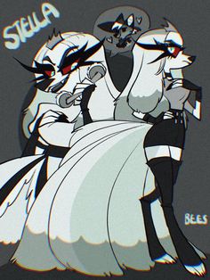 two cartoon characters dressed in white and black