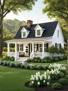 a white house surrounded by trees and flowers