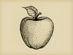 an apple with a leaf on it is drawn in black ink and has a checkered background