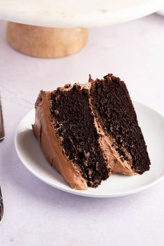 a slice of chocolate cake on a white plate