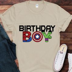 an image of a birthday boy shirt with the hulk and captain america logo on it