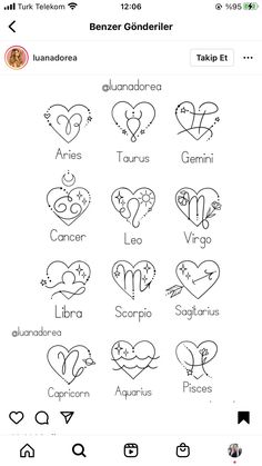 an iphone screen showing the different symbols for each zodiac sign, including two heart shapes and one