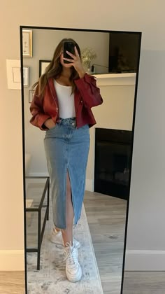 Red leather, denim skirt, red fashion, denim skirt outfit ideas, denim skirt outfit, leather jacket, leather jacket outfit, leather jacket outfit ideas, spring leather jacket outfit, spring outfit, spring 2024 outfit, spring 2024 outfit inspo, spring outfit inspo, 2024 fashion, fashion trends, 2024 fashion ideas, denim skirt with sneakers, AF1’s, air force 1’s outfit, AF1 outfit, air force ones outfit Jean Jacket With Skirt, Red Denim Jacket Outfit, Denim Skirt With Sneakers, Leather Jacket Outfit Spring, Outfit Air Force, Leather Jacket Outfit Ideas, Denim Skirt Outfit Ideas, Skirt With Sneakers, Af1 Outfit