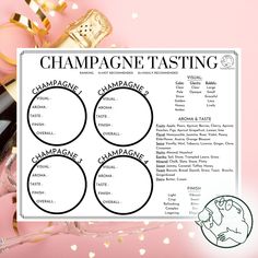 champagne tasting poster with wine glasses and confetti on pink background, surrounded by confetti