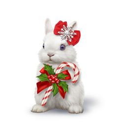 a white bunny holding a candy cane in its paws