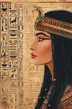 an egyptian woman with long black hair and headdress in front of ancient egyptian paintings