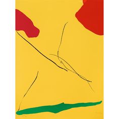 an abstract painting with red, yellow and green colors on a yellow background is shown