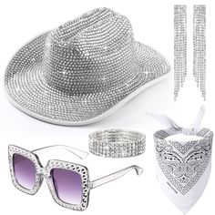 PRICES MAY VARY. Complete Accessory Set: the set includes not just 1, but 5 pieces, 1 piece of cowgirl hat, 1 pair of sunglasses, 1 piece of bling bracelet, 1 piece of bandana, and 1 pair of tassel earrings; This comprehensive accessory set provides the finishing touches to a cowgirl costume, saving the customer the stress of hunting down the individual components from different vendors Eye Catching Design: the bling hat is designed to grab attention, the rhinestones add a splash of shining, the Rhinestone Cowgirl Costume, Rhinestone Cowboy Hat Band, Trendy Silver Sunglasses With Rhinestones, Diamond Cowgirl Hat, Luxury Rhinestone Cowboy Hat, Western Silver Hat With Rhinestones, Rhinestone Sunglasses, Cowgirl Accessories, Cowgirl Costume