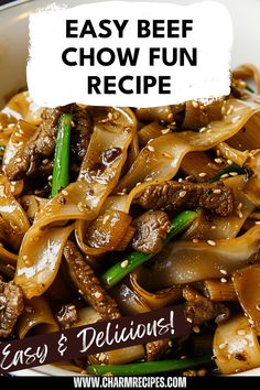 an easy beef chow mein recipe in a white bowl