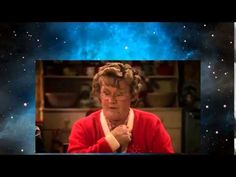 an old woman with glasses and a red sweater is in front of a space background