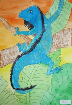 a drawing of a blue dragon sitting on top of a leafy branch with an orange sky in the background