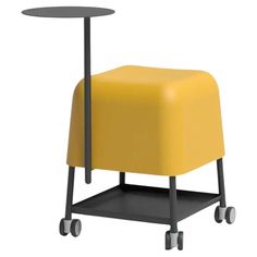 a yellow stool with wheels and a black table on the bottom one side is shown