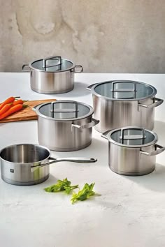 six stainless steel pots and pans on a white table with carrots in the background