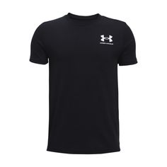 Comfy fabric and athletic style make the Under Armour� Sportstyle Left-Chest Logo Short-Sleeve T-Shirt for Kids a popular pick. This Under Armour kids' shirt has a sleek UA� logo on the left chest and just below the back neck. The cotton blend feels soft, light, and quick-drying. A crew neck keeps its shape all day, and the loose, fuller cut allows full range of motion. 60% cotton/40% polyester. Machine wash. Imported. Manufacturer style #: 1363280.  60% cotton/40% polyester;   UA logos on left Black Cotton Top With Team Name, Cotton Short Sleeve Sports Shirt, Casual Under Armour Tops With Logo Print, Sporty Under Armour Tops For Streetwear, Sports Cotton T-shirt With Moisture-wicking, Sporty Cotton T-shirt With Moisture-wicking, Black Pre-shrunk T-shirt Athleisure, Cotton Workout Tops With Team Name, Casual Under Armour Cotton Shirt