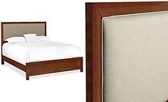 a bed with a headboard and foot board next to a wooden frame that has a white sheet on it