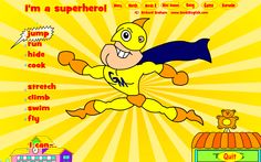 a cartoon character flying through the air in front of a yellow sunburst background