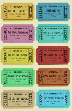 four different colored tickets with the names of movies