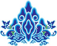 an ornate blue design with swirls and leaves on it's sides, in the middle