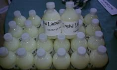 several bottles of liquid are stacked on top of each other with labels that say i love you