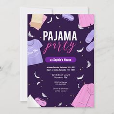 a purple and pink party card with pajamas on it