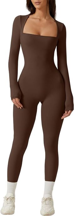 Amazon.com: QINSEN Women's Long Sleeve Sexy Square Neck Jumpsuit Bodycon Stretch Fall Outfits Brown S : Clothing, Shoes & Jewelry Stretch Jumpsuit, Square Neck Long Sleeve, Bodycon Jumpsuit, Brown Outfit, Long Leggings, One Piece Outfit, Black Outfit, Dressed Down, Square Neck