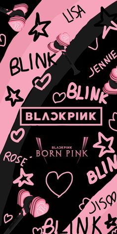 black pink and white wallpaper with hearts, stars, and other things on it