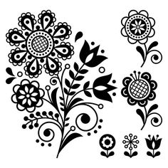 black and white floral designs on a white background